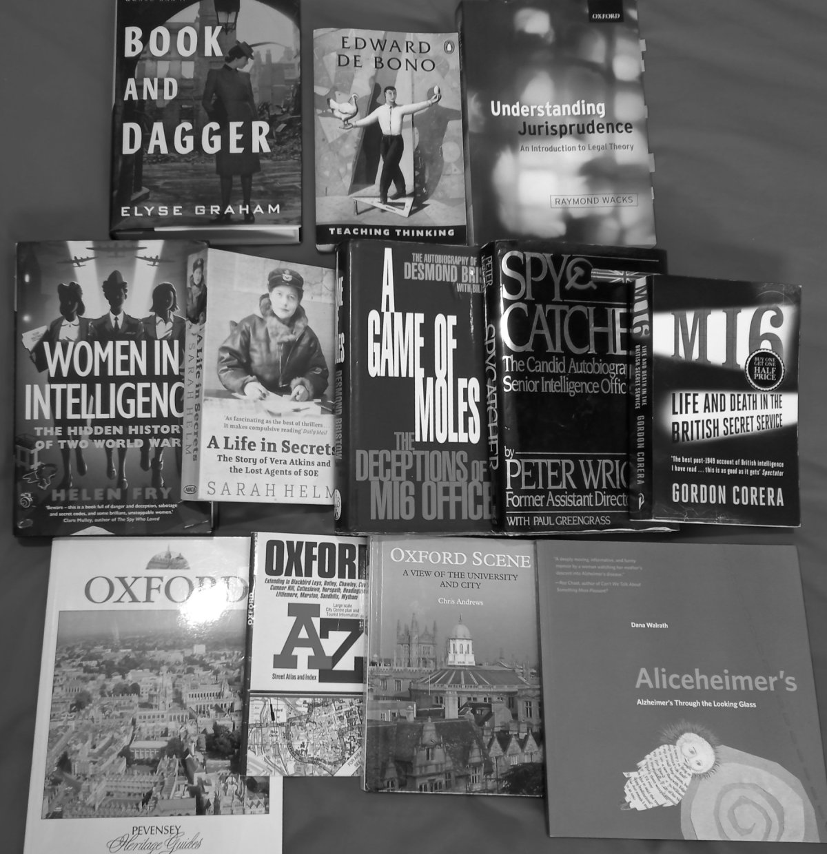 Research texts about spycraft, Oxford, alzheimer's, and Jurisprudence